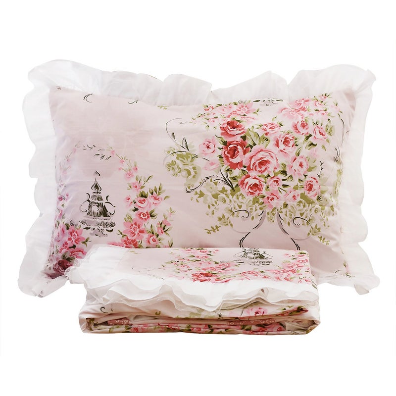 FADFAY,Romantic Flower Print Bedding Set,Floral Bed Set,Princess Lace Ruffle Duvet Cover King Queen Twin,4Pcs (Queen) - Image 2